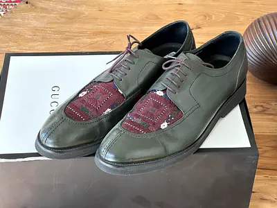 Green Leather Lace-up Shoes with Fabric Inset (Mens) - Preowned