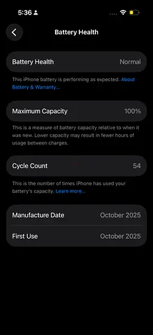 iPhone with 100% Battery Capacity and Low Cycle Count