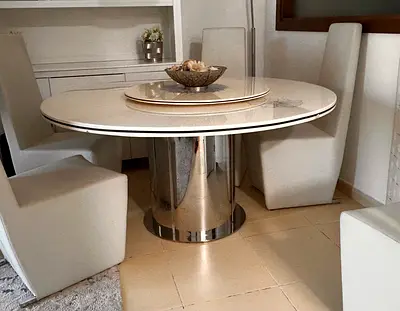 Round Marble-like Top Dining Table with 6 leather Chairs - Modern Set