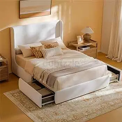 Queen storage bed with built-in drawers — light beige