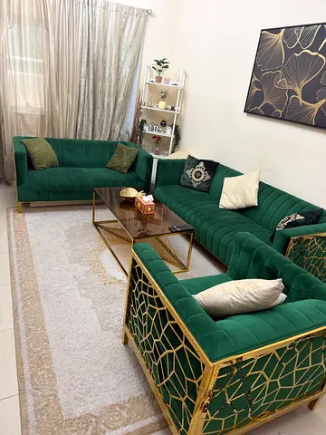Green Velvet Sofa Set with Gold Frame - 3-Seater + 2-Seater + 1-Seater