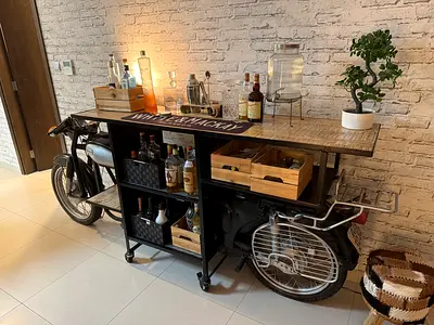 Industrial Console Table / Bar Cart with Storage (Motorcycle Style Base)