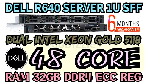 DELL R640 SERVER 1U SFF 48 CORE 2 INTEL XEON GOLD 5118 RAM 32GB DDR4 ECC HARD DRIVE 1.5TB SAS 15K