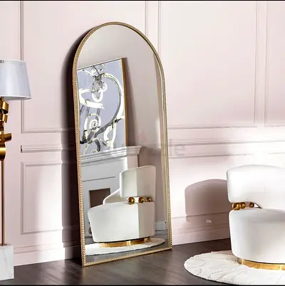 Large Decorative Full-Length Arched Floor Mirror with Gold Trim