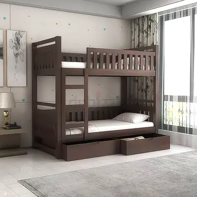 Solid Wooden Bunk Bed with Underbed Drawers - Dark Brown