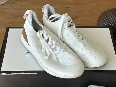 White leather womens sneakers with tan heel — gently used