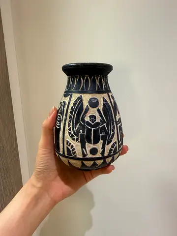 Vase black sculpture pharaonic scenes Ancient gods carving unique Egypt