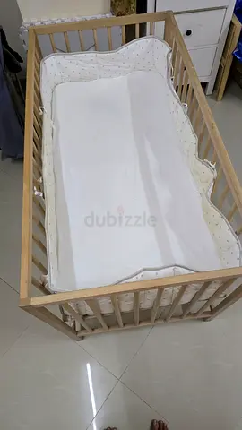Ikea Wooden Baby Crib with Mattress and Padded Bumper