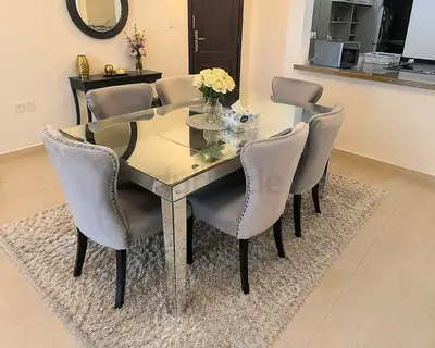 Glass Mirrored Dining Table with 6 Upholstered Chairs - Light Grey