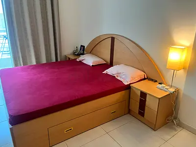 King size wooden bed frame with headboard and storage drawers - Custom made