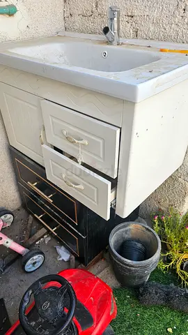 Used bathroom vanity cabinet with sink — white, two drawers