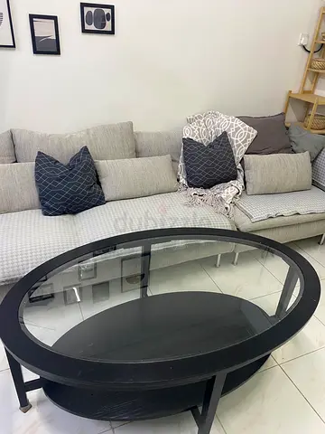 Oval Black Glass Top Coffee Table - Solid Base (IKEA)