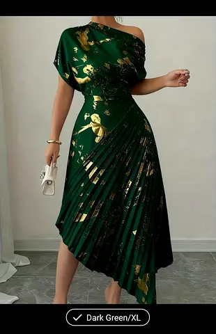 Dark Green One-Shoulder Pleated Midi Dress with Gold Print - XL