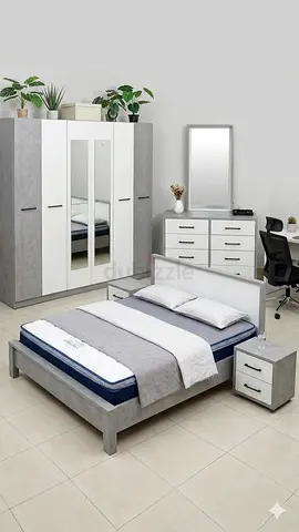 Complete Grey  White Bedroom Set — Bed, Wardrobe, Dresser, Nightstand