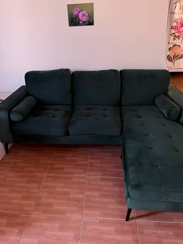 Dark Green Velvet L-shaped Sofa with Chaise - Good Condition