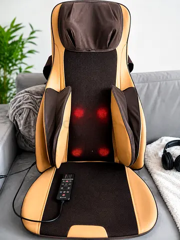 Relax and unwind at home with this full-back heated massage seat cushion. Perfect for use on a sofa.
