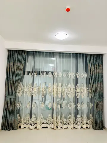 Custom Tailored Living Room Curtains + Ceiling Track – Teal  Gold Embroidered | Like New