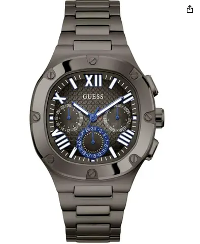 Brand New Guess Mens 42mm Watch - Black Strap Gunmetal Dial Silver Tone Case
