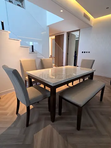 Marble Top 6 seater Dining Table Set with 4 Chairs and Bench - Excellent Condition