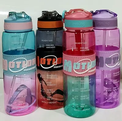 Set of 4 Large Motivational Water Bottles — 1L, Flip Lid, Straw