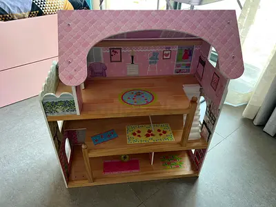 Wooden 3-Level Dollhouse with Furniture Stickers - Good Condition