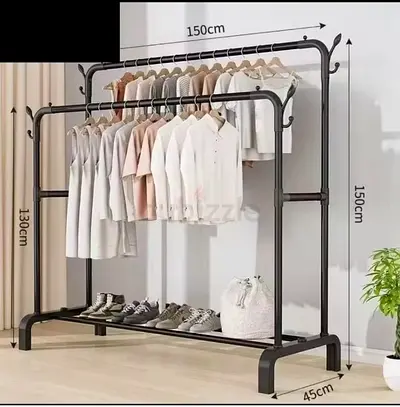 Heavy Duty Double Rail Garment Rack with Bottom Shoe Shelf – 150cm Wide Metal Clothes Stand