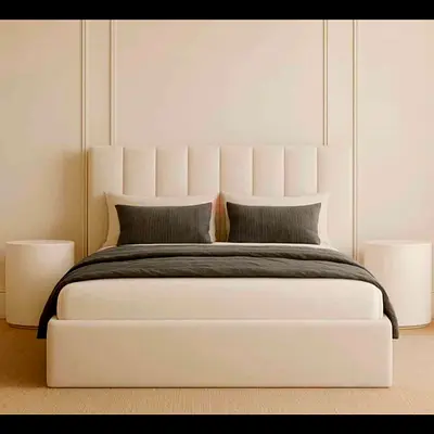 Modern upholstered double bed with padded headboard - cream
