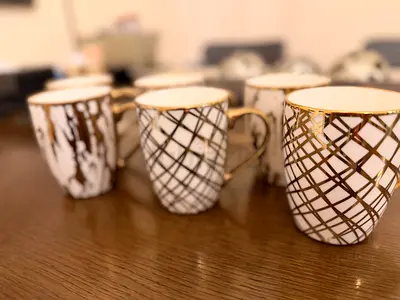 Set of 6 Decorative Ceramic Mugs with Gold Trim