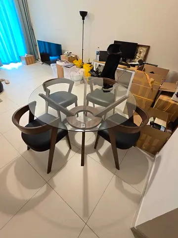 Glass Top Dining Table with 4 Modern Wooden Chairs