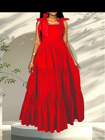 Red Tie-Shoulder Maxi Dress, Sleeveless Tiered Summer Dress