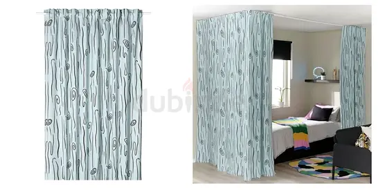 Set of Light Blue Patterned Curtains / Room Divider Panels