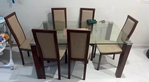 Glass Top Dining Table with 6 Upholstered Chairs - Dark Wood Frame