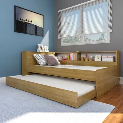Wooden Trundle Daybed with Built-in Shelves — Good Condition