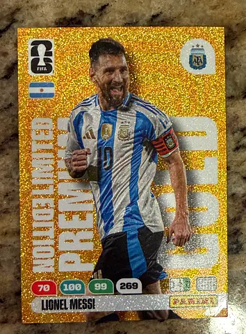 Panini FIFA World Cup Lionel Messi Limited Gold Glitter Card 1 of 100