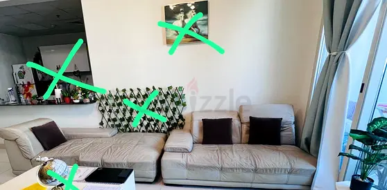 Light grey leather 3-seater sofa with chaise lounge, good condition