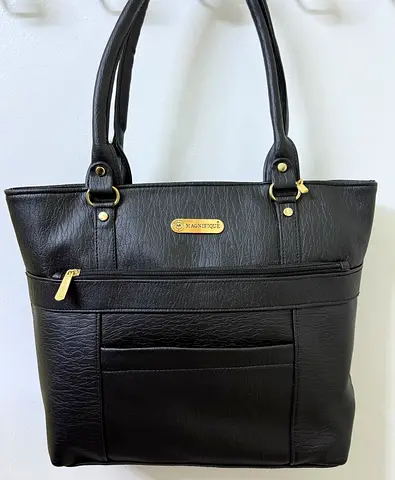 Black Leather stylish Tote Bag with multi zips for Office and comfort of Daily use