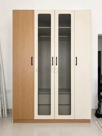 4-door Wardrobe with Glass Panels — White and Wood Finish
