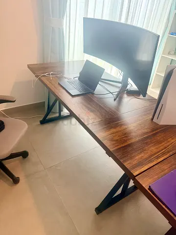 Large Wooden Office Desk with Metal Legs - Good Condition