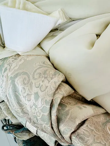Custom Tailored Bedroom Curtains + Ceiling Track – Cream Damask Jacquard | Like New