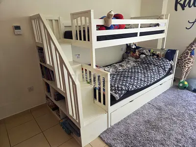 White Wooden Bunk Bed with Stairs and Storage - Good Condition