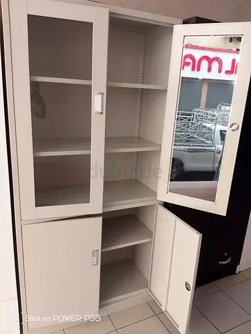 White Metal Storage Cabinet with Glass Doors - Good Condition