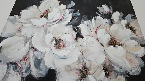 Framed Floral Oil-Style Painting — Large White Peonies on Dark Background