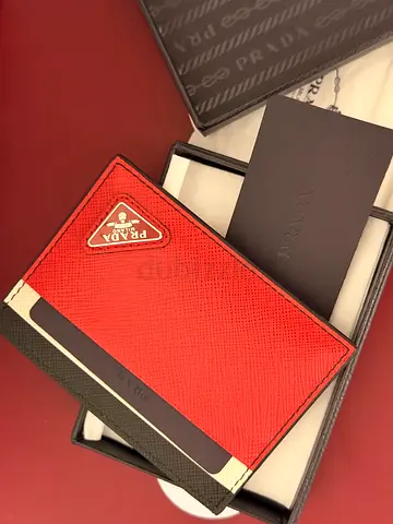 PRADA Triangle Logo Card Holder in Color-Block Saffiano Leather