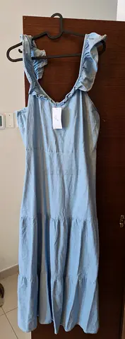 Light blue sleeveless denim maxi dress with ruffle straps - like new