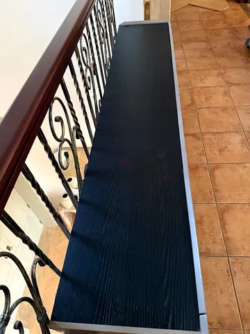 Solid Wood Bench with Metal Scrollwork Back — Good Condition