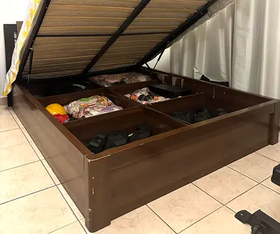 Queen size bed + nightstand + mattress - hydraulic bed with storage