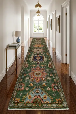 86 x 426cm Traditional Green Runner Rug for Hallway afghan wool carpet