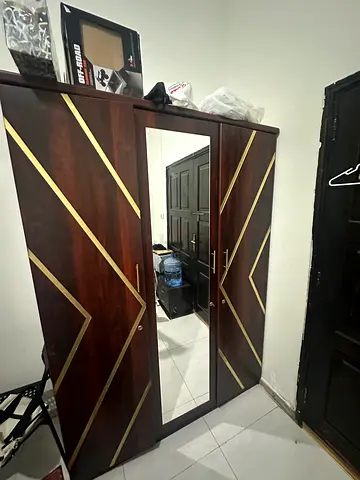 Modern Wooden Wardrobe with Mirror and Gold Accents