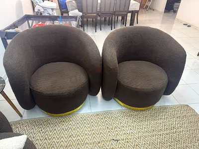 Pair of Brown Curved Barrel Lounge Chairs — Good Condition