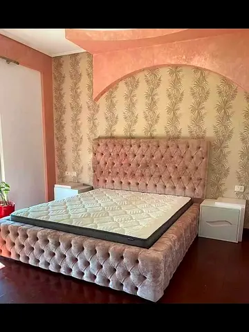 King Size Tufted Velvet Bed Frame with Headboard (Beige/Pink)